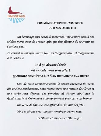 Invitation à la commémoration de l’Armistice du 11 novembre 2026